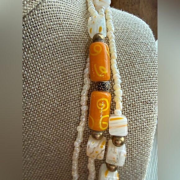 Millefiori Cube & barrel Cream Mustard Orange Art-glass & Seed Bead Necklace - Picture 9 of 14